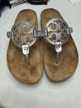 Tory Burch Metallic Silver Logo Thong Sandals